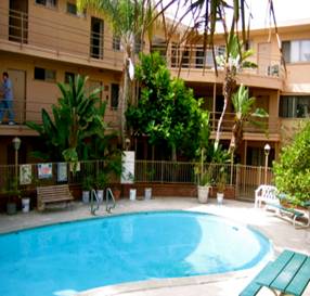 Photograph of the interior courtyard and swimming pool of The Manor